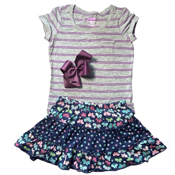 jumping beans Other - Striped Tee and Butterfly Skirt/skort Set with hair bow 3 piece set Girls size 5